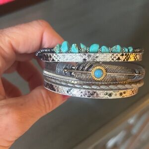 Turquoise Stone Feather Wrap Bracelet in Silver